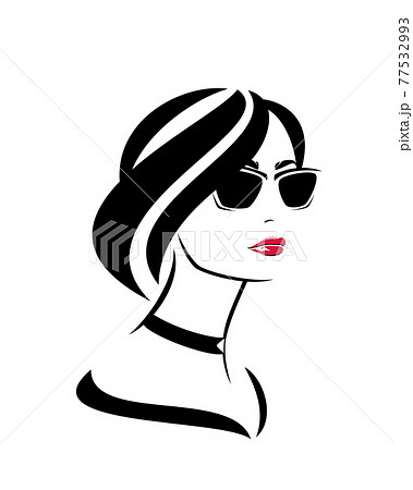 glamorous woman with red lips wearing choker necklace and  sunglasses vector portrait 77532993