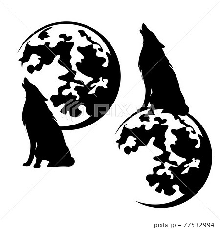 howling wolf and full moon black and white vector silhouette set 77532994