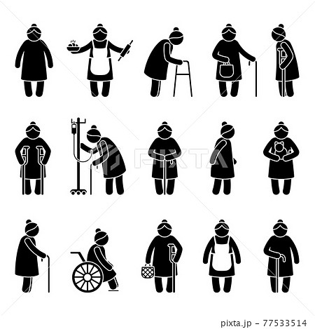 Grandmother stick figure woman walking, standing with walker, cane, crutch, drop counter, cat, sitting on wheelchair vector icon pictogram. Old, aged grandma 77533514