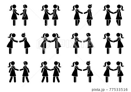 Handshake stick figure woman side view poses postures vector illustration set. Stick female business partners at meeting deal agreement silhouette pictogram Handshake stick figure woman side view poses postures vector illustration set. Stick female business partners at meeting deal agreement silhouette pictogram 77533516