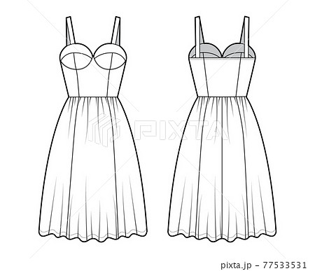 Flared dress technical fashion illustration with bustier, sleeveless, fitted body, knee length ruffle skirt. Flat 77533531