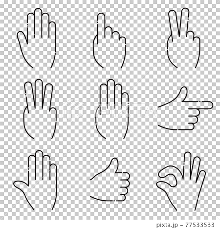 手のジェスチャーのアイコン。白地に線画のセット。ベクター画像。 指差しとGOODと止まれとOKの合図 77533533