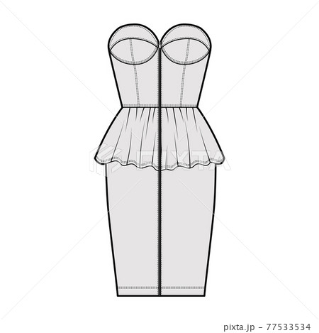 Zip-up peplum bustier dress technical fashion illustration with strapless, cups, fitted body, knee length skirt. Flat  77533534