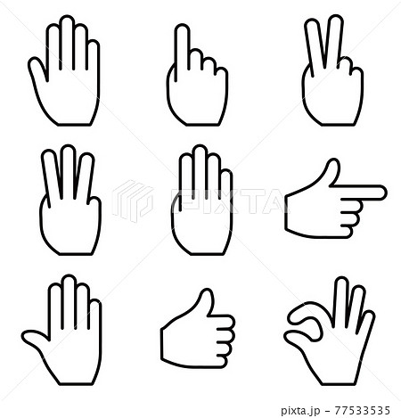 手のジェスチャーのアイコン。白地に線画のセット。ベクター画像。 指差しとGOODと止まれとOKの合図 77533535