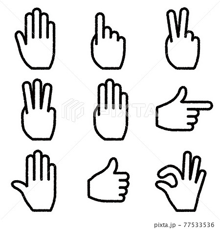 手のジェスチャーのアイコン。白地に線画のセット。ベクター画像。 指差しとGOODと止まれとOKの合図 77533536