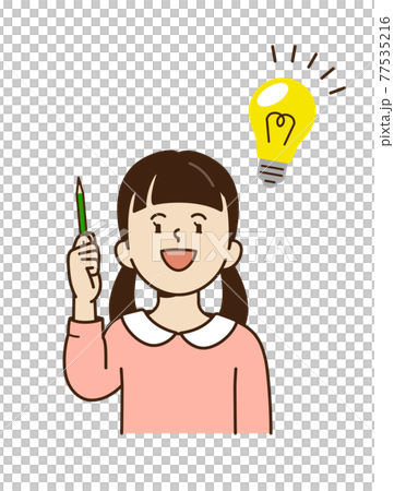 右手で鉛筆を上げる少女 77535216