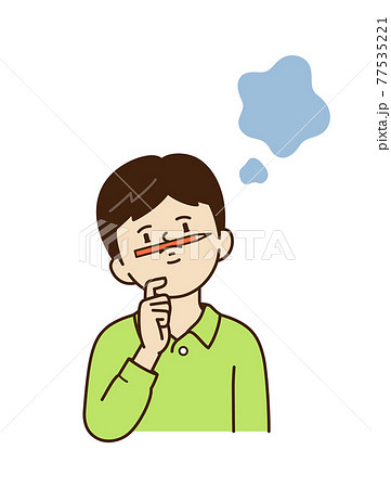 右手をあごに当てて鼻に鉛筆をはさんで考える少年のイラスト素材