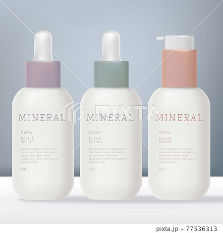 Vector Opaque Matte White Dropper Bottle and Mini Serum Pump or Dispenser Bottle with Pastel Color Collar Design. 77536313