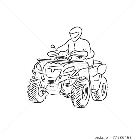 Hand drawn sketch of quad bike in black isolated on white background. Detailed vintage etching style drawing. atv vector sketch on white background 77536468