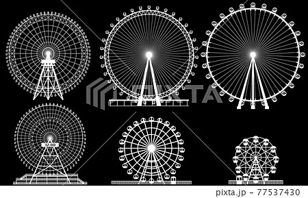 色々な大きさの観覧車 白抜き 黒背景ベクターイラストセット のイラスト素材