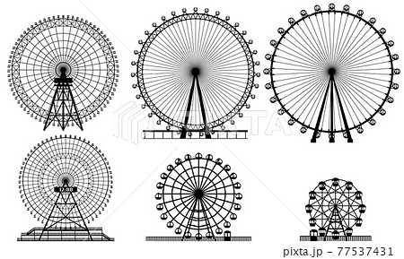 色々な大きさ 形の観覧車 シルエットのイラスト素材