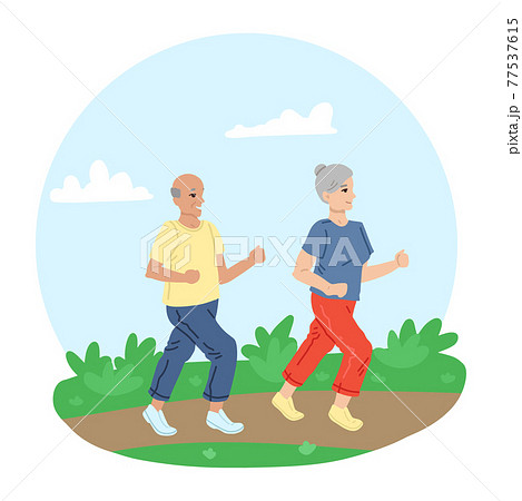 Couple of retirees, jogging along the road, in nature, playing sports, grandparents walk jogging. Vector characters illustration Couple of retirees, jogging along the road, in nature, playing sports, grandparents walk jogging. Vector characters illustration 77537615