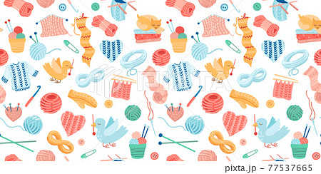 Needlework seamless pattern. Knitting with yarn, knitting needles, mittens and animals. Cute bright childish illustration. Seamless ornament for textiles, design creation of clothes Needlework seamless pattern. Knitting with yarn, knitting needles, mittens and animals. Cute bright childish illustration. Seamless ornament for textiles, design creation of clothes 77537665