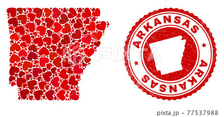 Lovely Collage Arkansas State Map and Grunge Stamp Seal with Map Inside 77537988