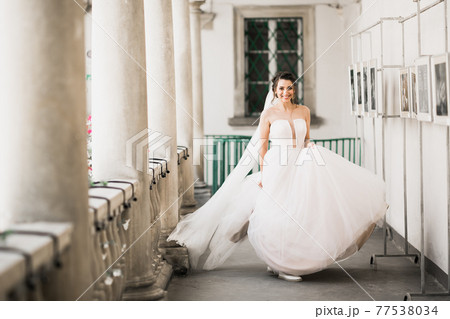 Beautiful fashion bride in wedding dress posing Beautiful fashion bride in wedding dress posing 77538034