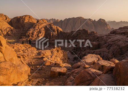 View from Mount Sinai at sunrise. Beautiful mountain landscape in Egypt. 77538232