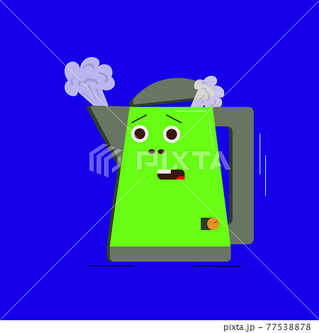 Electric Kettle,green on a blue Backgroun.Home Appliances Vector Drawings.Boiling water in kettle,kettle with eyes .Cartoon Illustration.Household appliance, vector illustration. 77538878