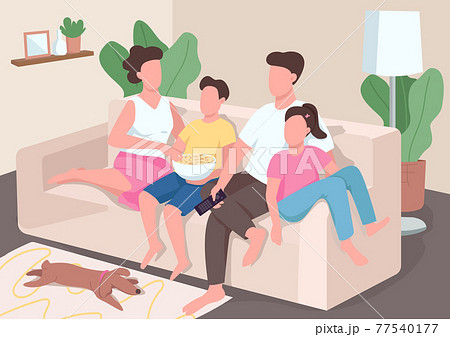 Family Watch Tv Flat Color Vector Illustration のイラスト素材