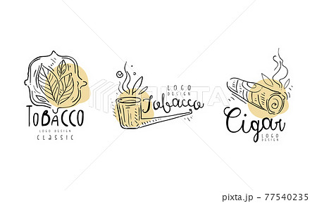Tobacco Logo Design with Smoking Pipe and Plant Leaves in Hand Drawn Style Vector Set 77540235