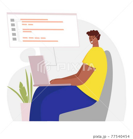 Programmer working on web development on computer. Concept of script coding and programming in php, python, javascript, other languages. Software developer. Flat cartoon illustration design 77540454