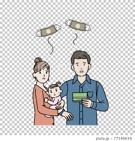 Money shortage, savings, no money, young couple, parent and child, family of three, poverty, child support, illustration material 77540639