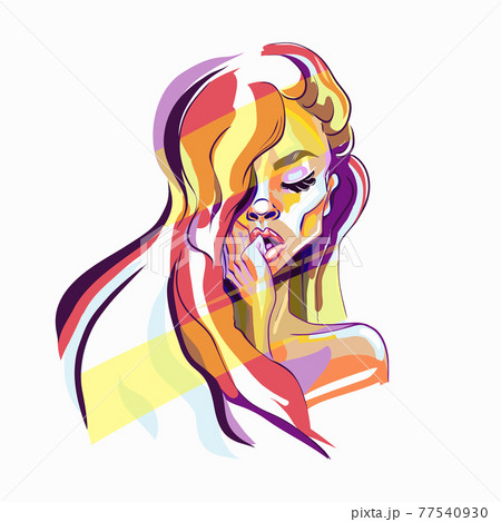 Hand-drawn young beautiful girl with nude makeup and unusual red hair. Fashion illustration of a stylish look. 77540930