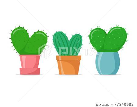 Heart-shaped cactuses set in a flat style. Cute home cacti in colorful pots. House succulents. Vector illustration Heart-shaped cactuses set in a flat style. Cute home cacti in colorful pots. House succulents. Vector illustration 77540985