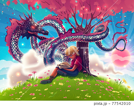 Fantasy Japanese dragon with young boy reading interesting book under a tree. Chinese or asian flying snake in magic garden with dreaming kid. High detailed colorful summer vector illustration. 77542010