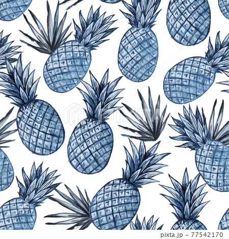 Seamless pattern with watercolor painted blue and white cute minimalistic pineapples Seamless pattern with watercolor painted blue and white cute minimalistic pineapples 77542170