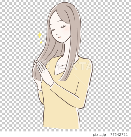 ヘアケア さらさらの髪を撫でる女性 ヘアケア さらさらの髪を撫でる女性 77542721