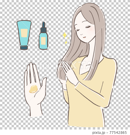 ヘアケア 髪にトリートメント、オイルをつける女性 アイテムセット ヘアケア 髪にトリートメント、オイルをつける女性 アイテムセット 77542865