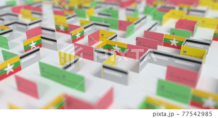 Flag of Myanmar on the mockup credit card maze. Financial difficulties related 3D rendering Flag of Myanmar on the mockup credit card maze. Financial difficulties related 3D rendering 77542985