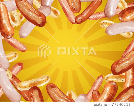 5種類のウインナー囲みフレームイラスト 金集中線のイラスト素材