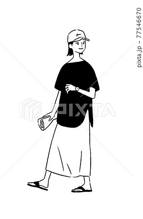 ファッションを楽しむ女性 モノクロのイラスト素材