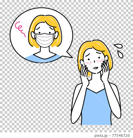 スキンケア マスクの着用が原因で肌荒れになった女性 イラスト シンプル ベクターのイラスト素材