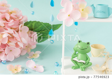 梅雨のイメージ 雨の中ガーデンラックでひとやすみするカエル 梅雨のイメージ 雨の中ガーデンラックでひとやすみするカエル 77546923