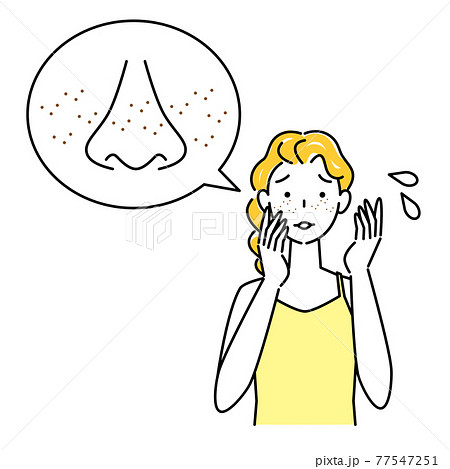 スキンケア 顔のお肌トラブルで困っている女性 小鼻の毛穴の黒ずみ そばかす イラスト シンプル ベクのイラスト素材