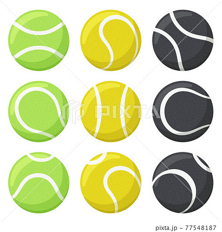 Tennis balls. Sport, fitness equipment, black, yellow and green tennis balls in various angles vector illustration set. Tennis game balls 77548187