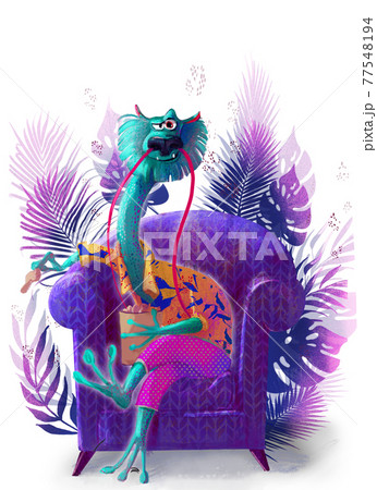 cartoon dragon character on armchair with leaves cartoon dragon character on armchair with leaves 77548194