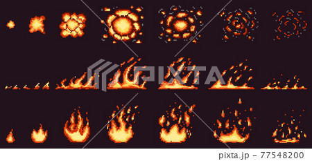 Pixel fire animation. Red hot flame, burning effect fire border and fiery explosion vector illustration set. Pixelated 8 bit game fire flames steps 77548200