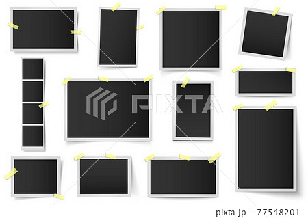 Photo frame on sticky tape. Vintage photo album elements, instant framed snapshot, picture frames on adhesive tapes, photo wall template vector illustration icons set 77548201