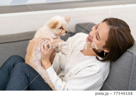 小型犬と暮らす若い女性 小型犬と暮らす若い女性 77549108