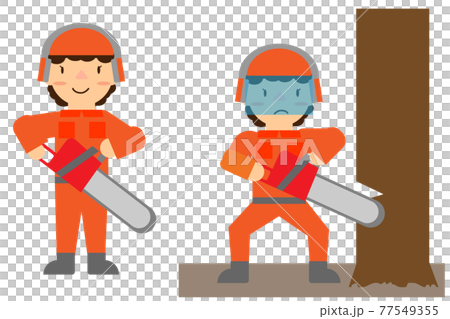 チェーンソーを持って木を切っている人_林業 77549355