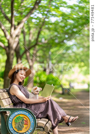 小型犬と一緒にベンチに座り読書　若い女性　柏の葉公園 77549481