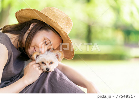 小型犬と散歩する若い女性 木陰でひと休み 柏の葉公園の写真素材