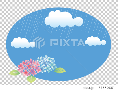 初夏梅雨の植物花 梅雨空と紫陽花のイラスト 自然風景楕円バナーイラストのイラスト素材