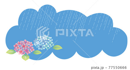 初夏梅雨の植物花 梅雨空と紫陽花のイラスト 自然風景雲形バナーイラストのイラスト素材