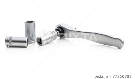 Mini ratchet wrench with set of wrench nuts. Ratchet wrench made from stainless steel. Mini ratchet wrench with set of wrench nuts. Ratchet wrench made from stainless steel. 77550789