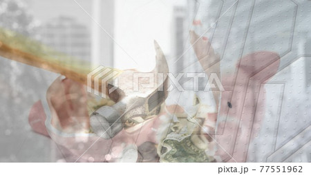 Office buildings and a broken piggy bank Office buildings and a broken piggy bank 77551962