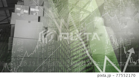 Financial data and statistics graphs processing over warehouse, finance and delivery concept 77552170